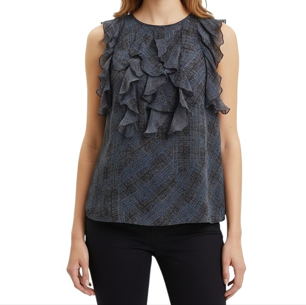 Tibi‎ Silk Black Blue Plaid Ruffle Front Printed Blouse Size 4
